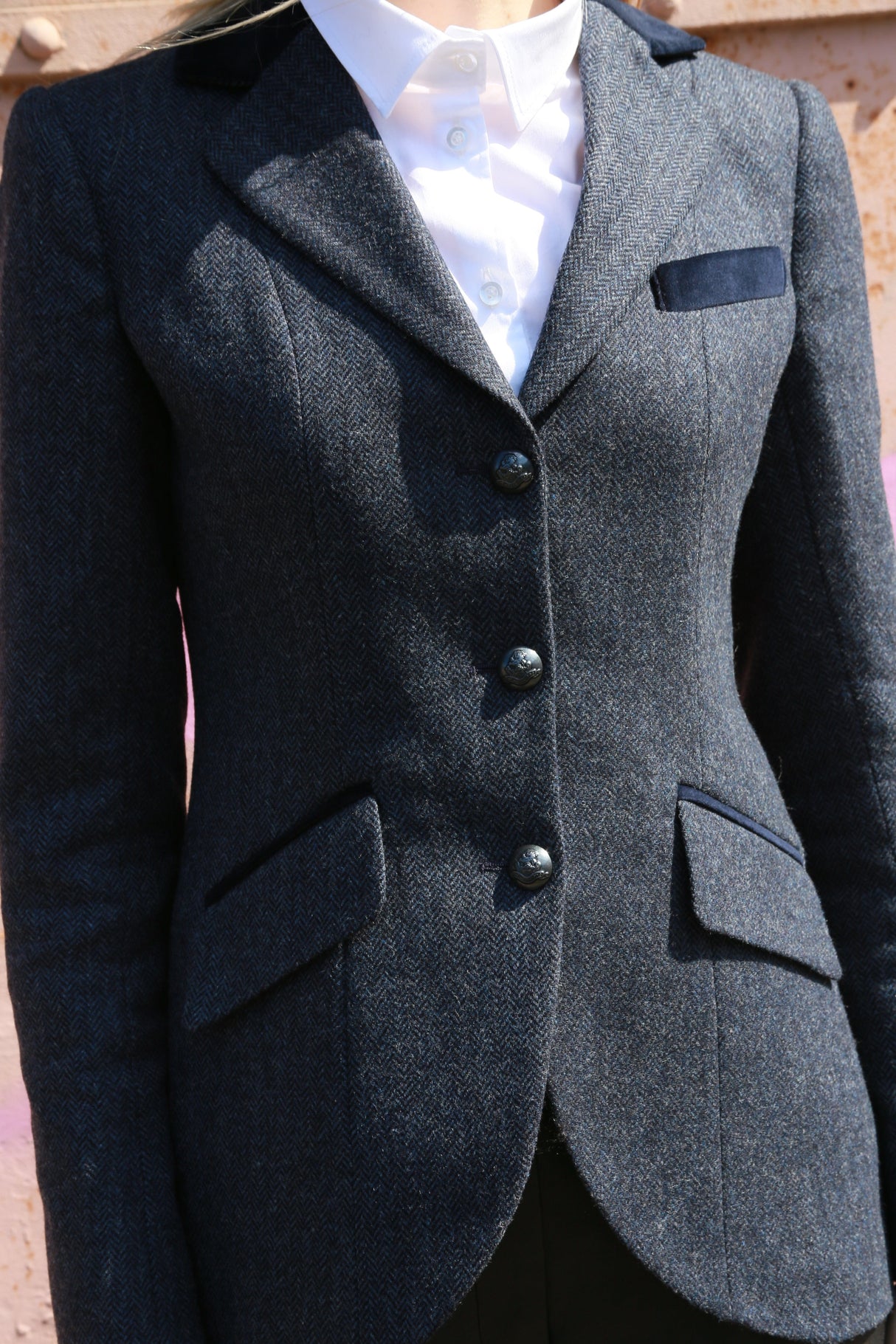 Portobello - Tweed Jacket in Dark Blue Herringbone with Navy Velvet