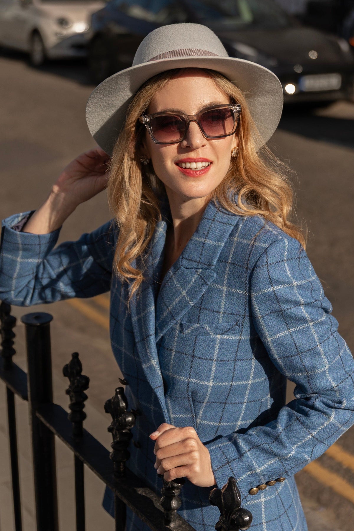 Clarendon – Double Breasted Check Tweed Blazer in Azure