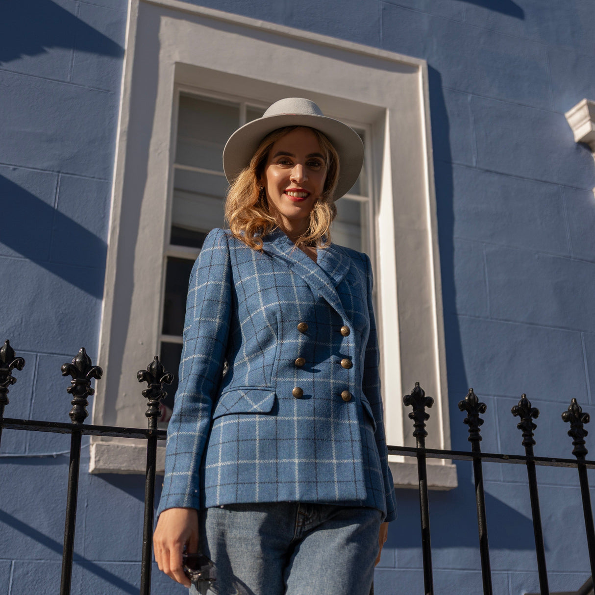 Clarendon – Double Breasted Check Tweed Blazer in Azure