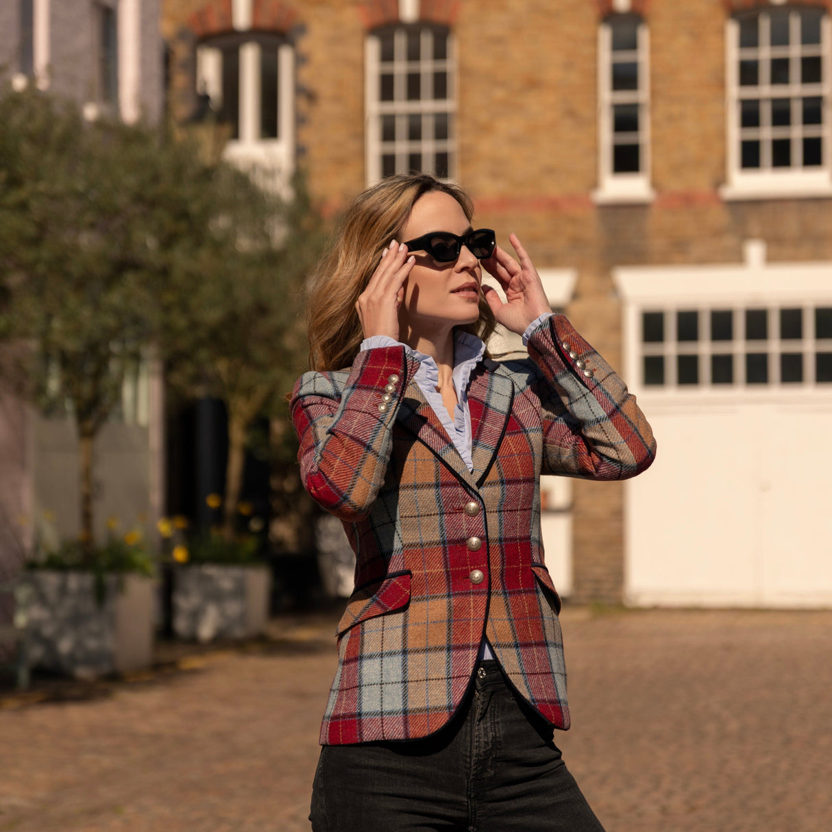 Melbury Tweed Jacket in Sky Blue, Peach & Red Wine with Navy Velvet