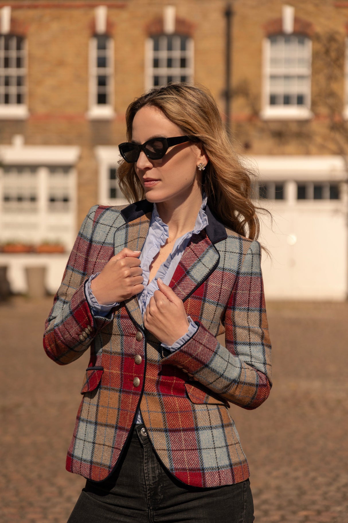 Melbury Tweed Jacket in Sky Blue, Peach & Red Wine with Navy Velvet