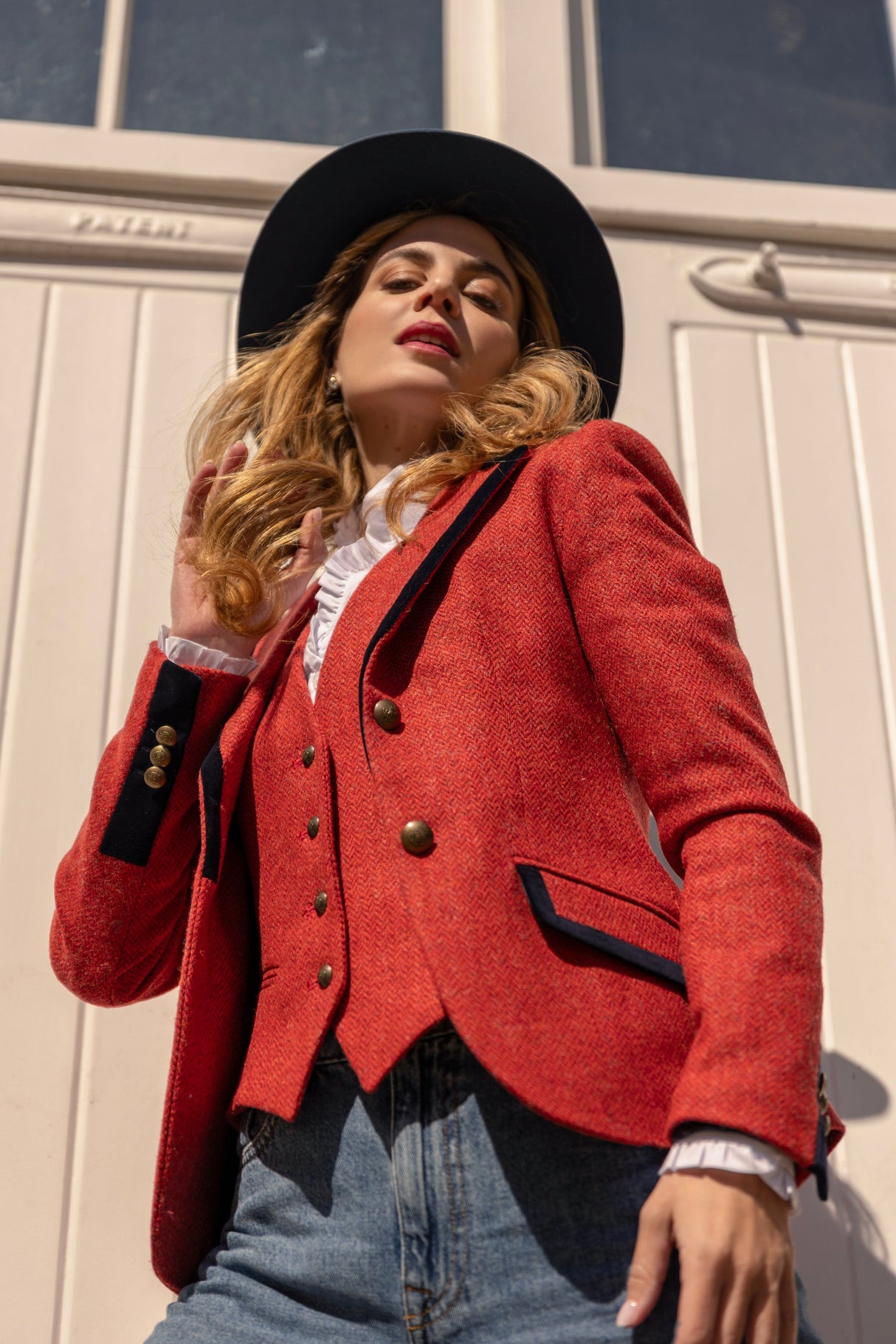Aubrey Herringbone Tweed Jacket in Scarlet
