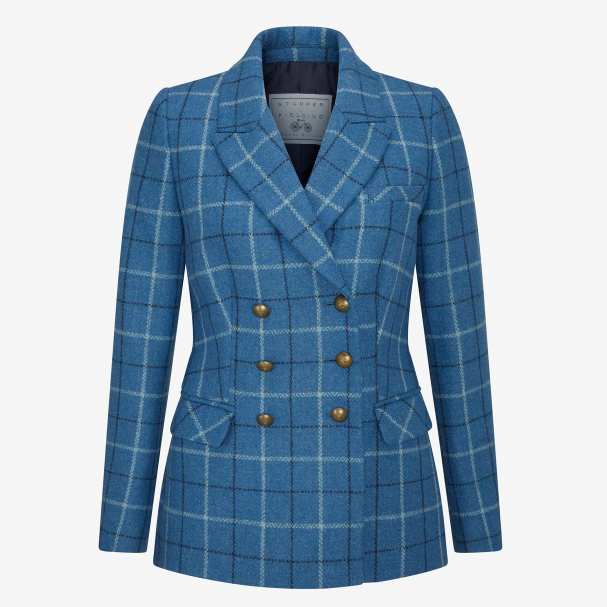 Clarendon – Double Breasted Check Tweed Blazer in Azure