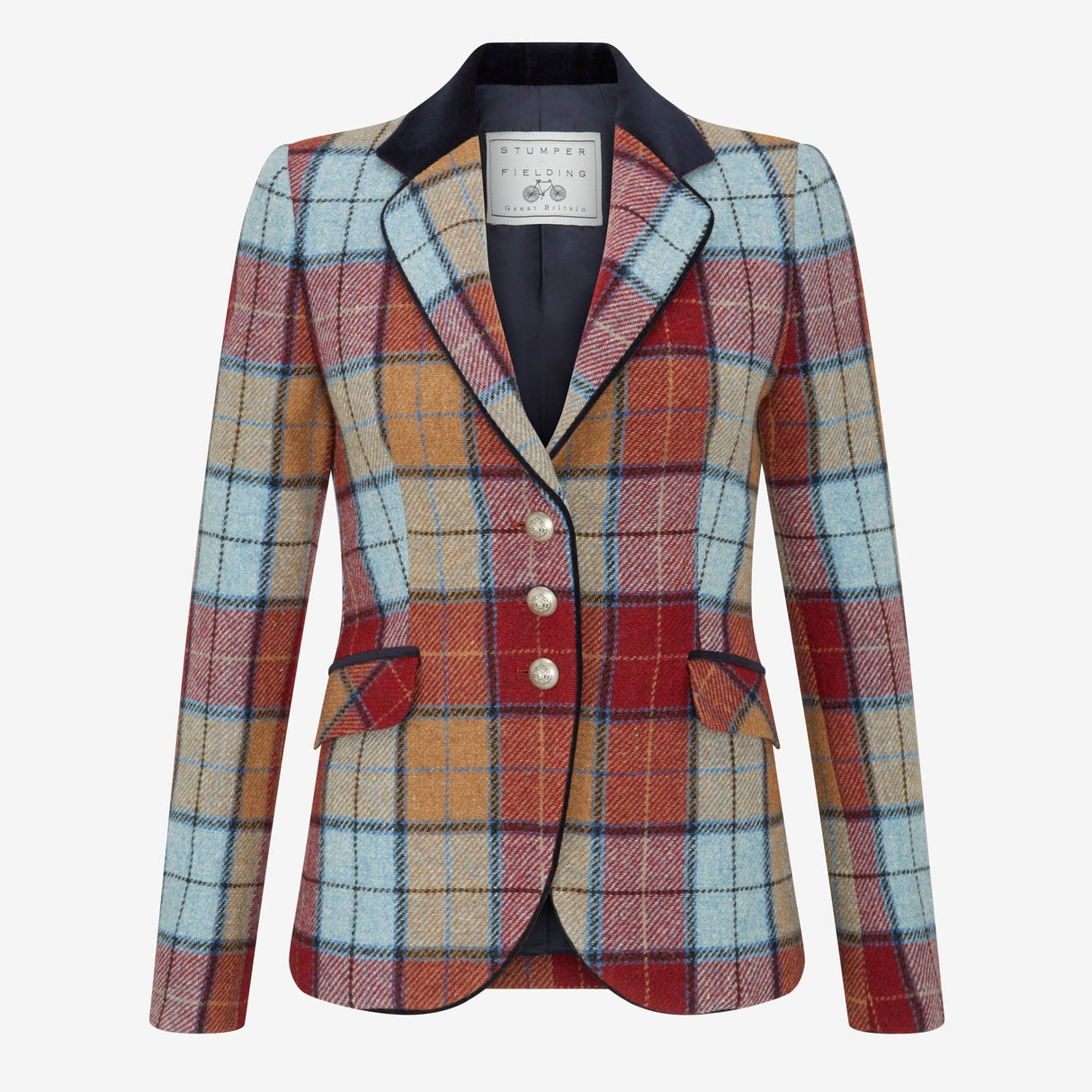 Melbury Tweed Jacket in Sky Blue, Peach & Red Wine with Navy Velvet