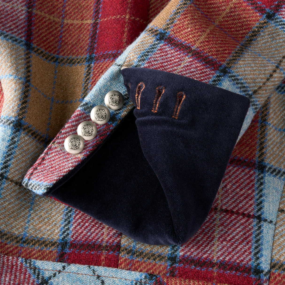Melbury Tweed Jacket in Sky Blue, Peach & Red Wine with Navy Velvet