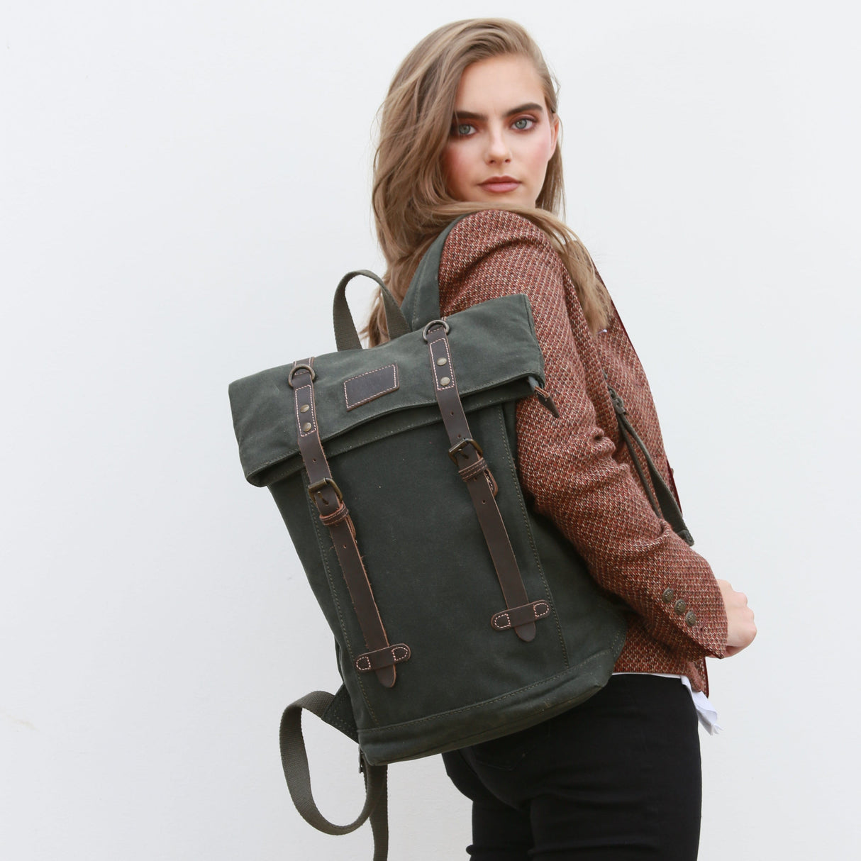 Large Waxed Cotton Green Backpack - The Borden