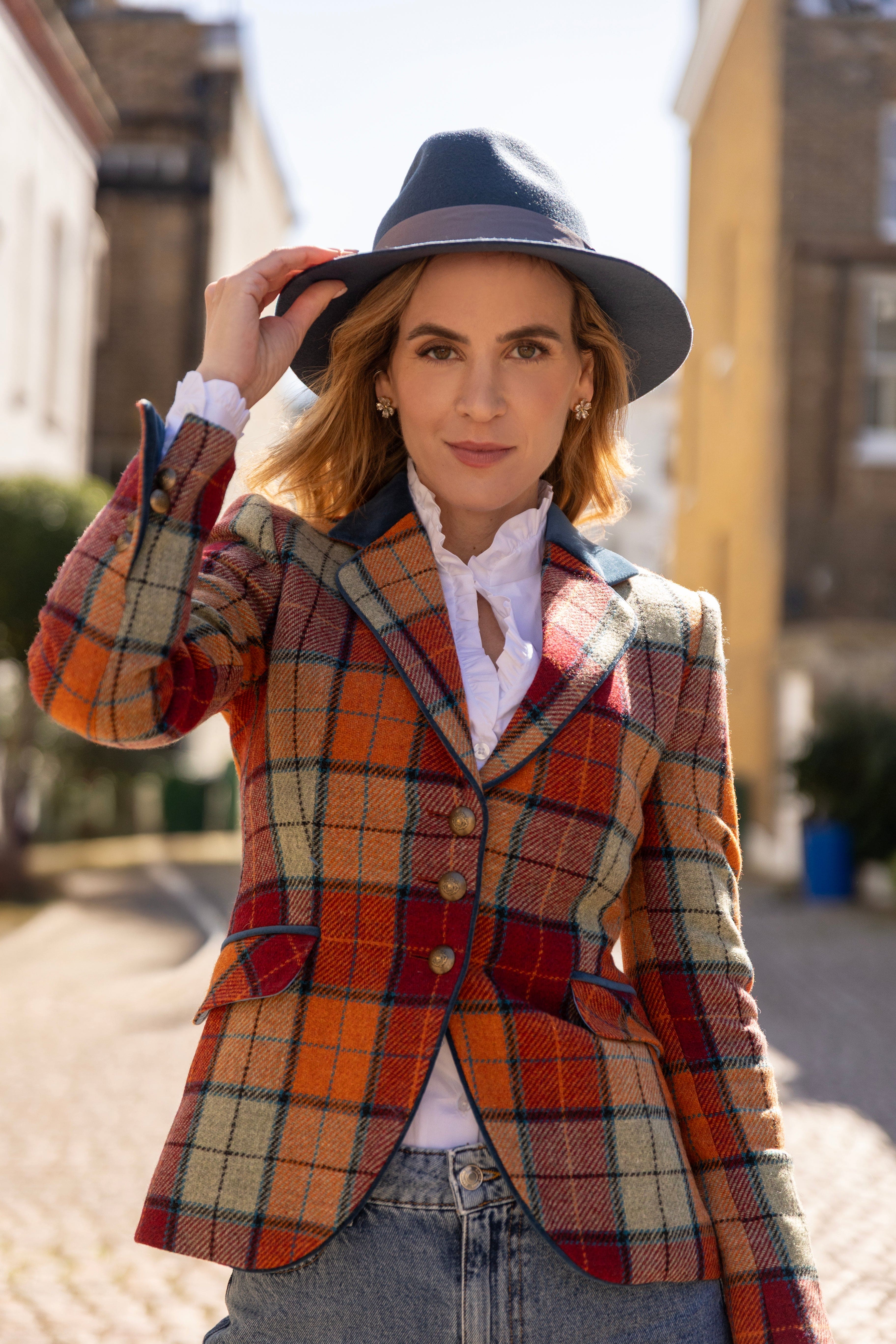 Melbury Tweed Jacket in Pale Moss & Whisky with Teal Velvet