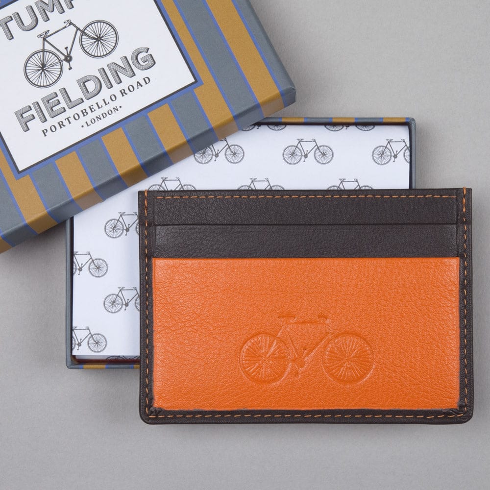 Credit card holder in brown and orange leather