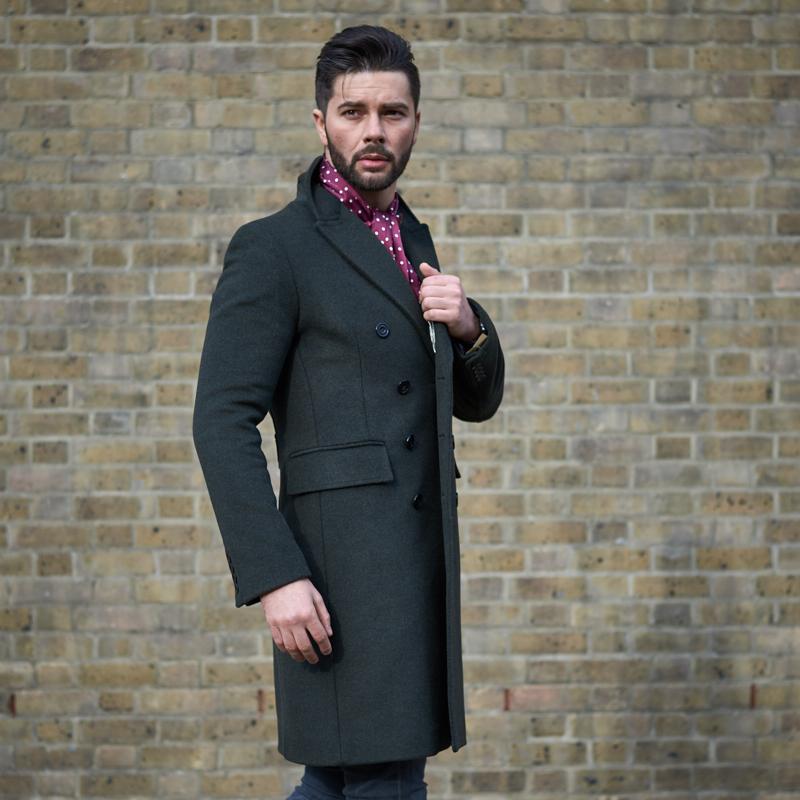 Mens Double Breasted  Overcoat in Green Side View