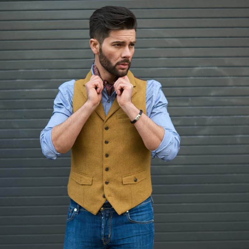 Mens Mustard Yellow Tweed Waiscoat -6 Button